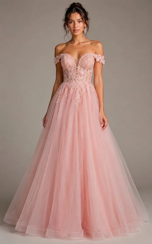 Pink Off-the-Shoulder Ball Gown with Delicate Lace Applique — Sweet 16 Dresses
