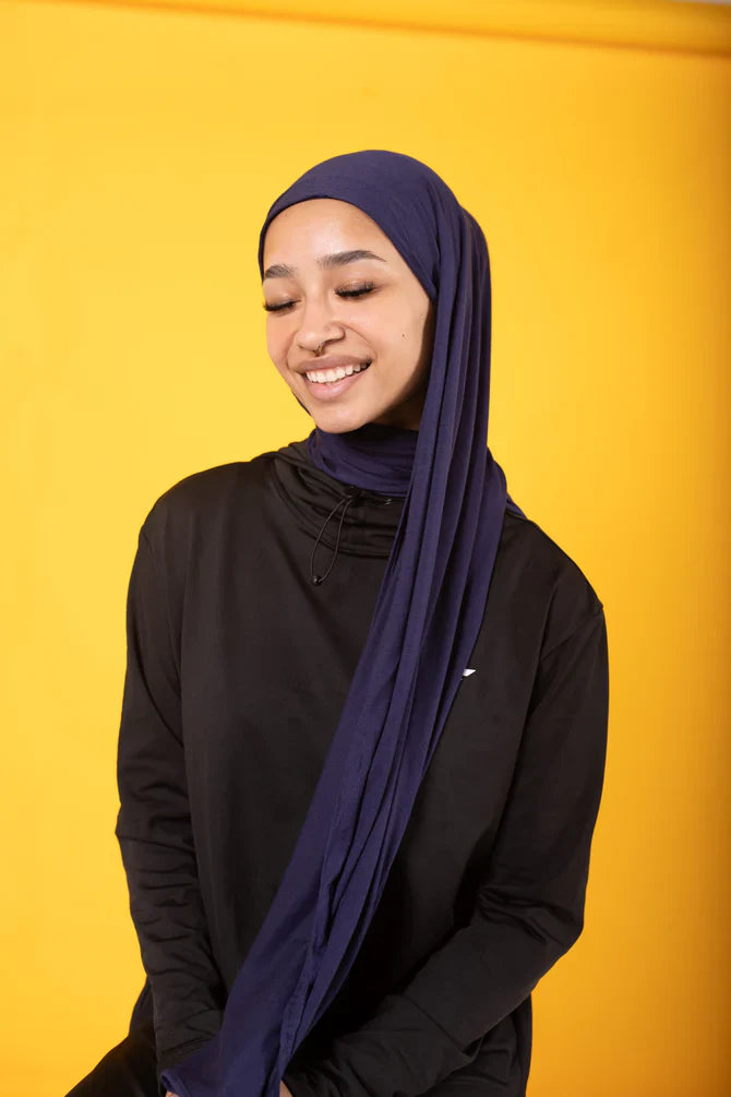 Minimalist Navy Hijab with Black Jersey Top — Hijab Work Outfits