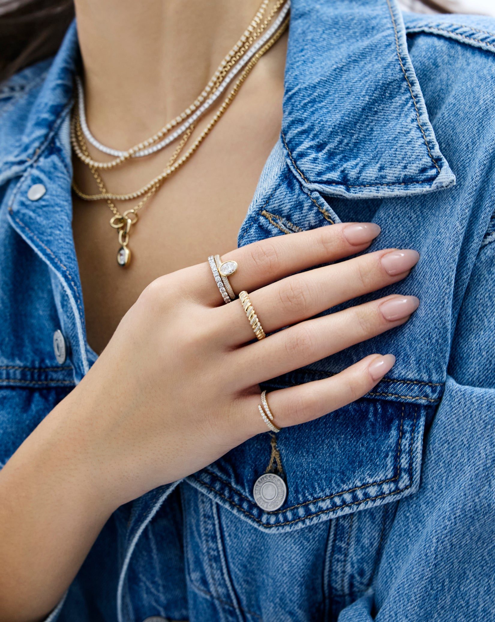 Edgy Stack with Denim and Layered Necklaces Edgy Stack with Denim and Layered Necklaces — Stacked Rings