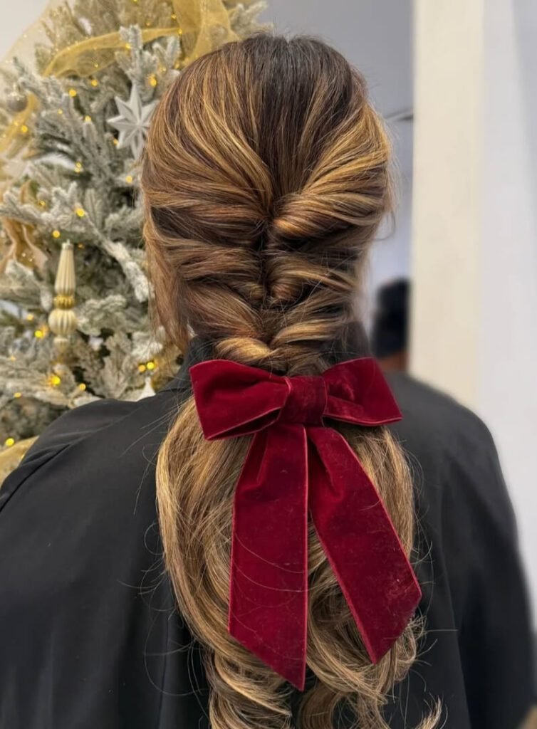 Balayage Braid Into Ponytail With Red Velvet Bow — Hair Bow Hairstyles