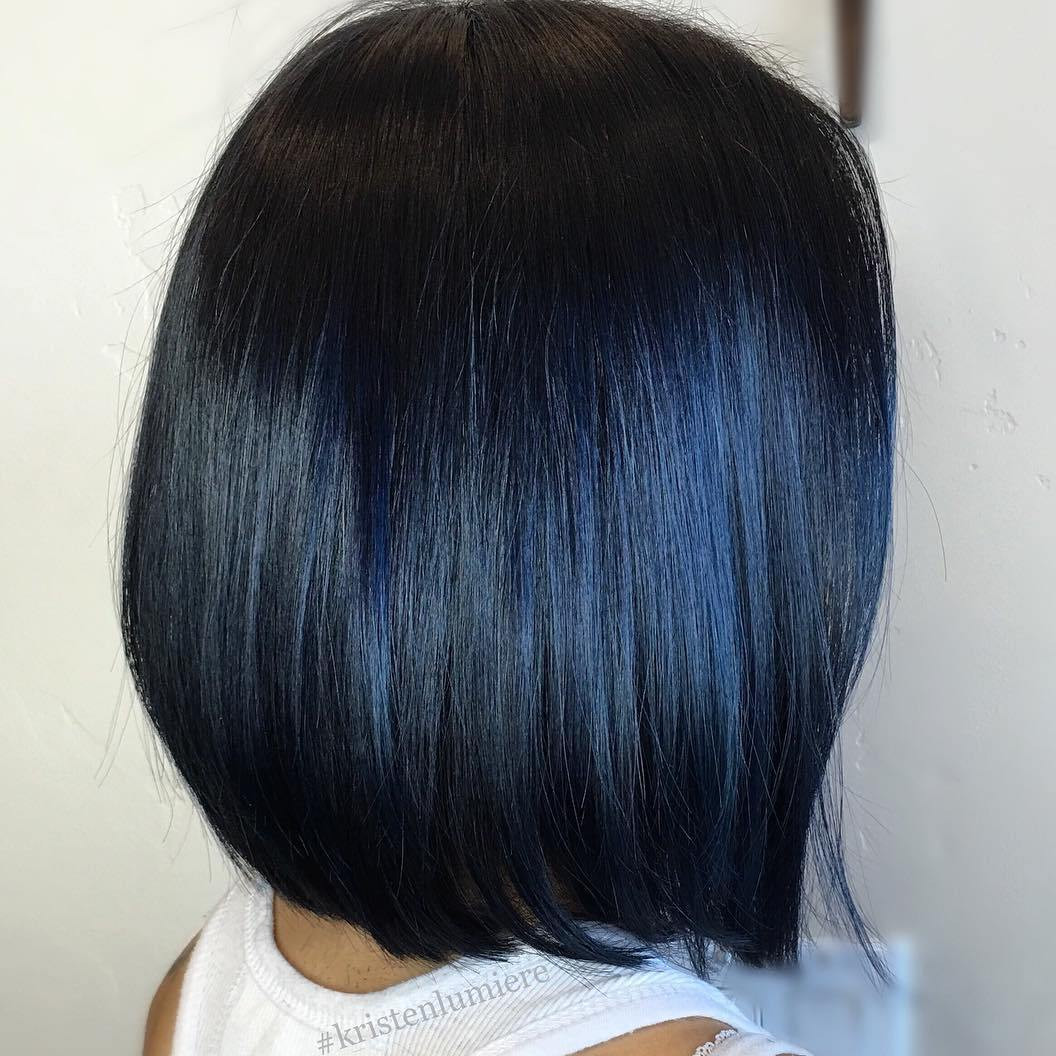 Sleek Chin-Length Bob With Blue Streaks Sleek Chin-Length Bob With Blue Streaks — Blue Highlights on Black Hair