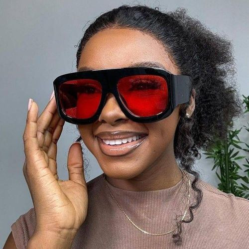 Bold Red Lens Sunglasses with Brown Ribbed Top — Oversized Sunglasses Outfits