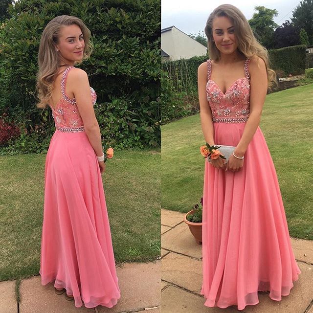 Embellished Pink Chiffon A-line Prom Dress — Prom Dresses