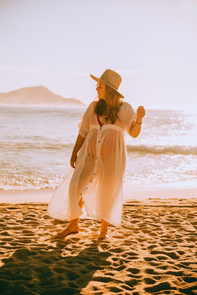 White Sheer Maxi Cover-Up Over Red Bikini for Beach Vacation White Sheer Maxi Cover-Up Over Red Bikini for Beach Vacation — Cabo Outfits
