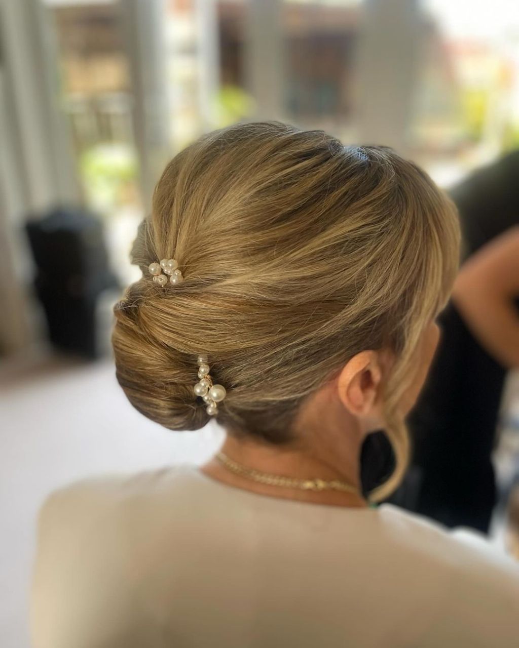 Classic Updo with Pearl Pins and Light Brown — Updos for Medium Hair