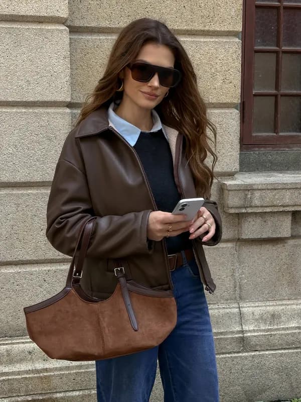 Faux Leather Jacket Layered Over Sweater and Shirt Faux Leather Jacket Layered Over Sweater and Shirt — Shein Outfits