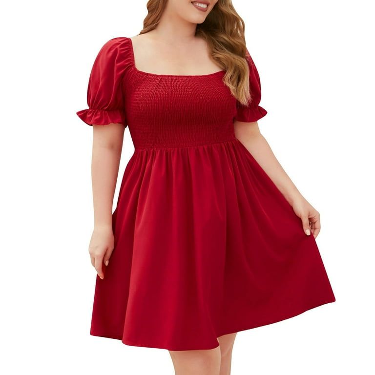 Red Fit-and-Flare Dress with Smocked Bodice — Plus Size Dresses