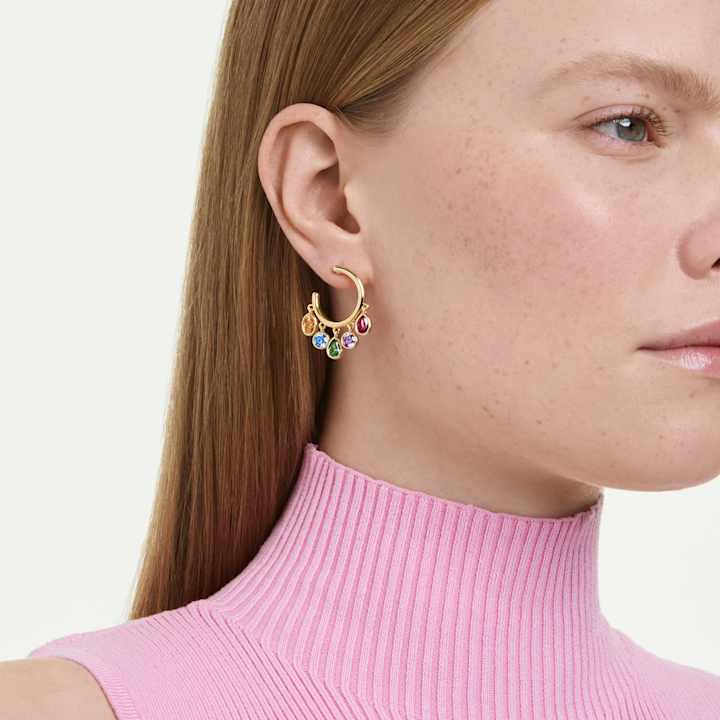 Gold Hoops with Colorful Charms and Turtleneck — Hoop Earrings