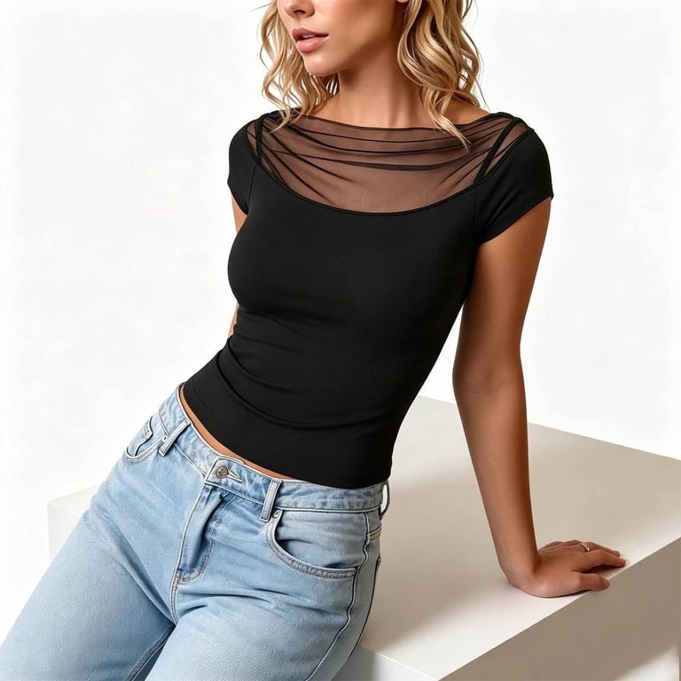 Fitted Mesh Top with Sheer Neckline Detail — Mesh Top Outfits