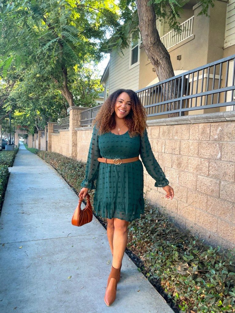 Dark Green Smocked Chiffon Mini Dress for Fall — Midsize Dresses