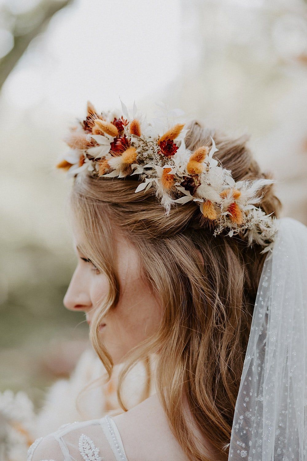 Collarbone Waves With Dried Flower Crown Collarbone Waves With Dried Flower Crown — Boho Wedding Hair