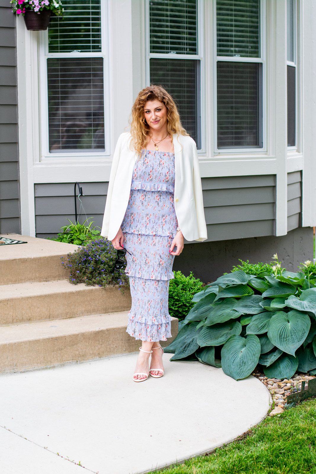 Smart Casual Layering: Blue Floral Midi Dress with White Blazer Smart Casual Layering: Blue Floral Midi Dress with White Blazer — Floral Dress Outfits