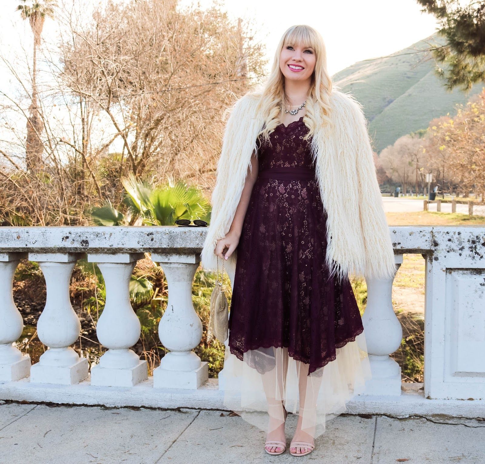 Burgundy Lace Dress: Festive Coat Layering — Lace Dress Outfits
