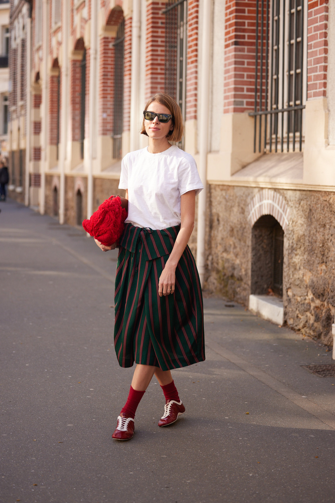 Striped Midi Skirt and Burgundy Sneakers — Retro Sneakers Outfits