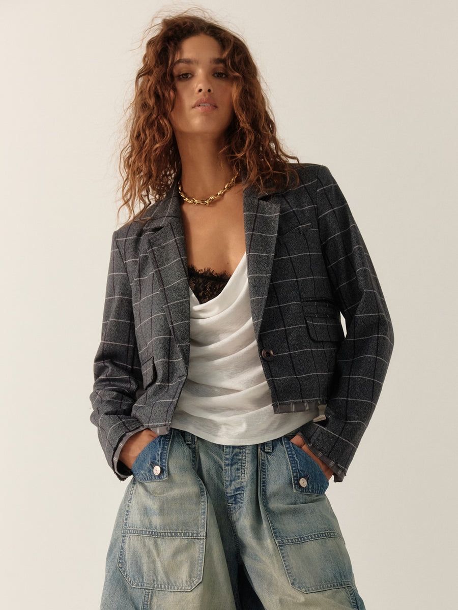 Grey Plaid Cropped Blazer Over Cowl Neck Top Grey Plaid Cropped Blazer Over Cowl Neck Top — Toronto Outfits