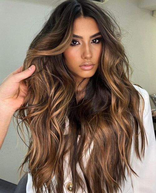 Front View Dark Brown Base with Light Brown Wavy Highlights Front View Dark Brown Base with Light Brown Wavy Highlights — Light Brown Highlights