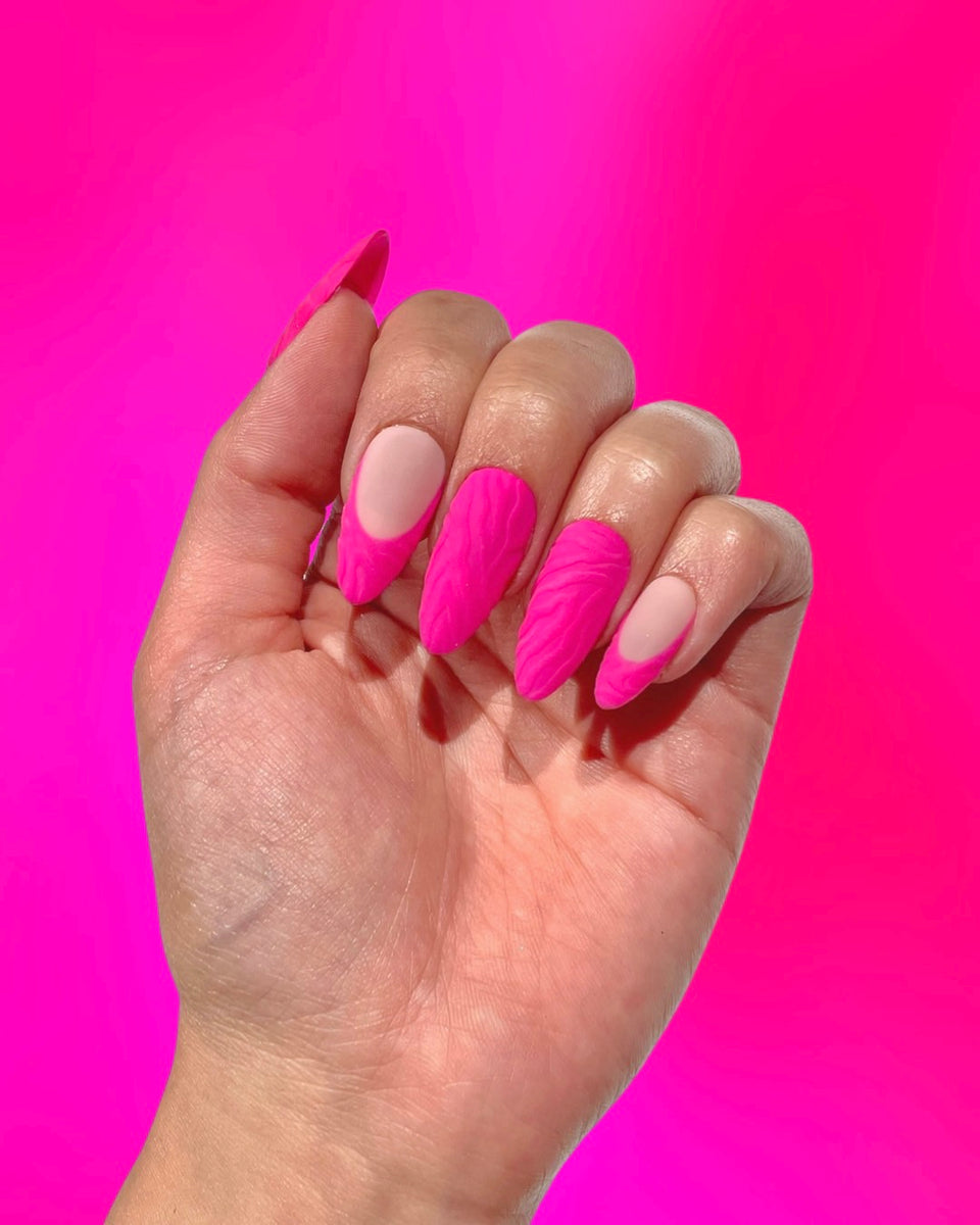 Matte Textured Hot Pink French Almonds — Hot Pink Nails