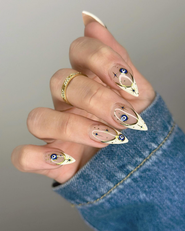 Clear Stiletto French Tip Evil Eye Nails Clear Stiletto French Tip Evil Eye Nails