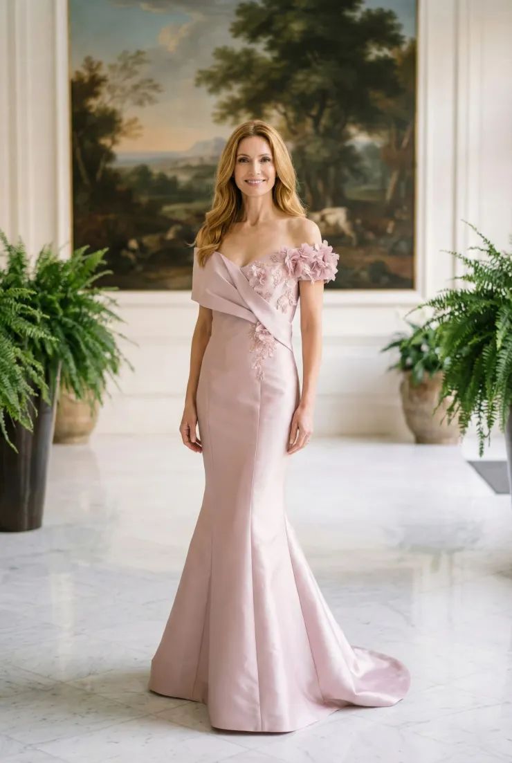 Blush Pink Satin Mermaid Gown with Off-the-Shoulder Floral Detail Blush Pink Satin Mermaid Gown with Off-the-Shoulder Floral Detail — Mother of the Bride Outfits