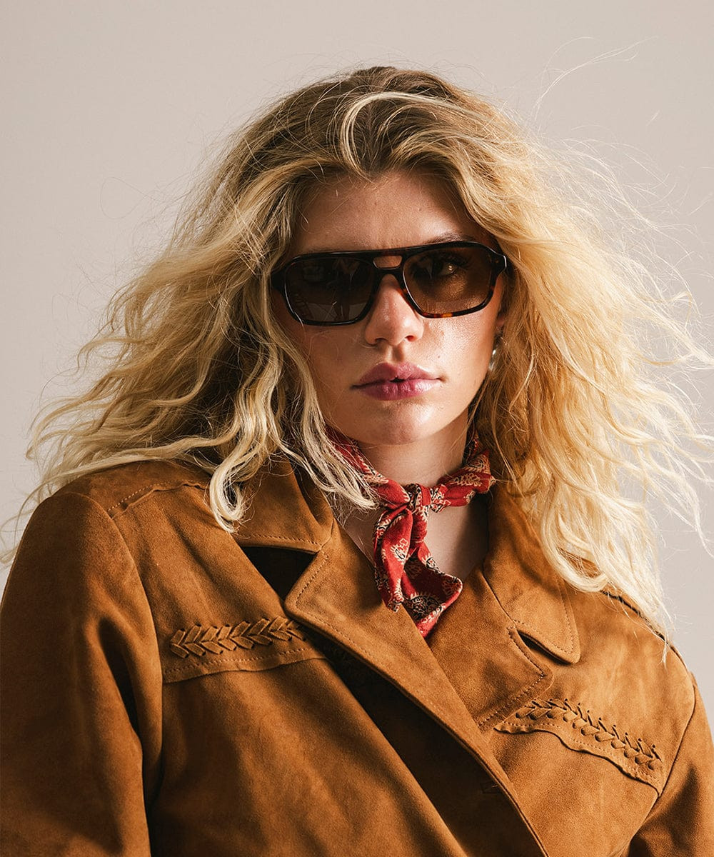 Tortoiseshell Aviators with Suede Jacket and Scarf — Aviator Sunglasses Women