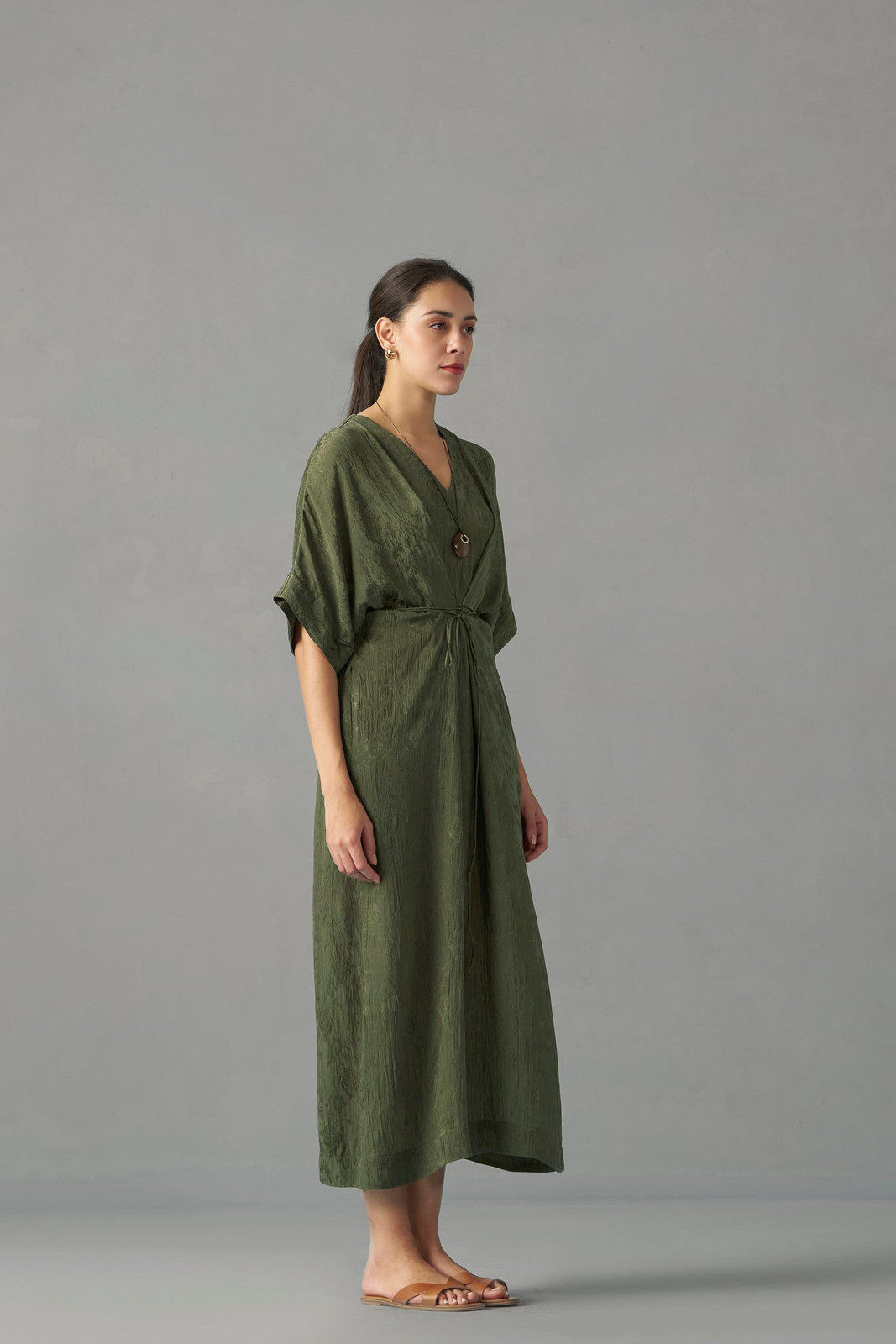 Olive Green Textured Midi Dress with Tie Waist — House Dresses