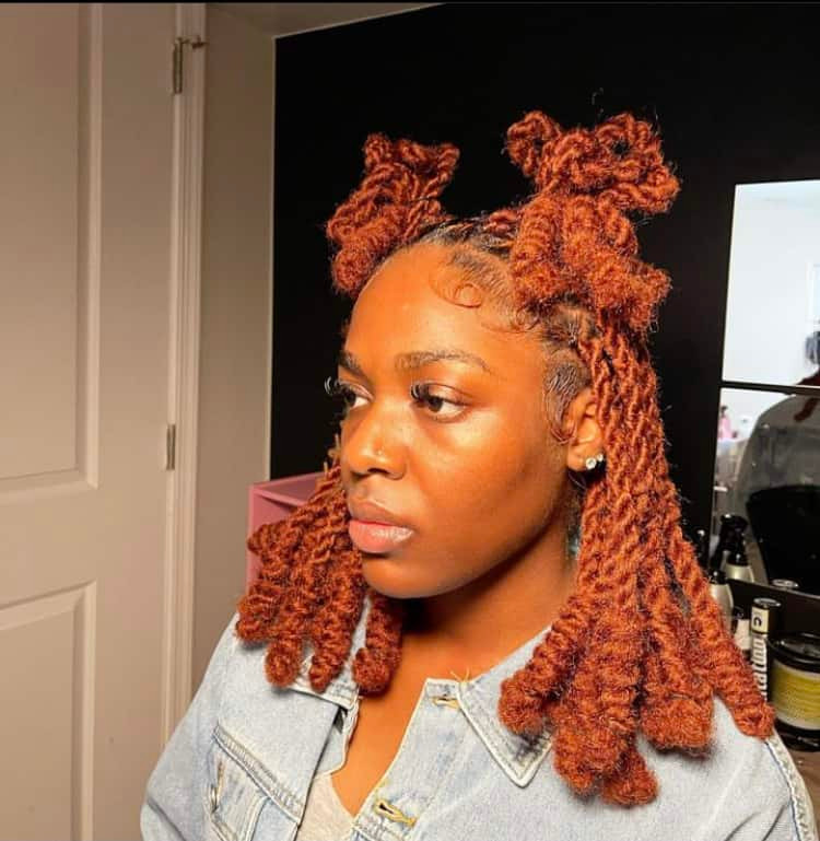 Shoulder-Length Locs In Rich Ginger Styled Into Two Buns Shoulder-Length Locs In Rich Ginger Styled Into Two Buns — Ginger Locs