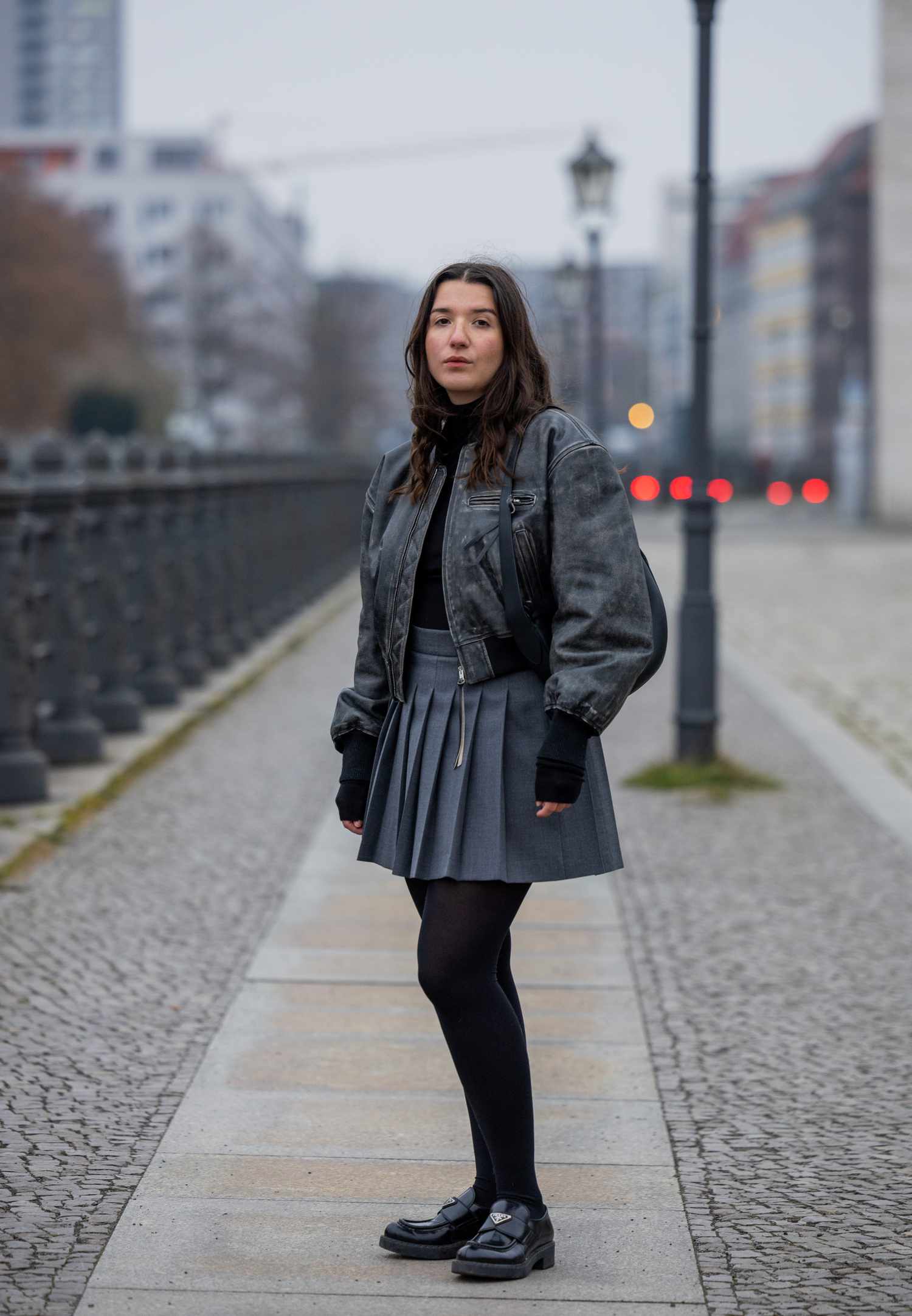 Preppy Edge: Grey Pleated Mini Skirt with Chunky Loafers — It Girl Outfits