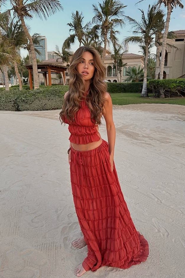 Red Tiered Maxi Skirt and Crop Top Set — Honeymoon Dresses