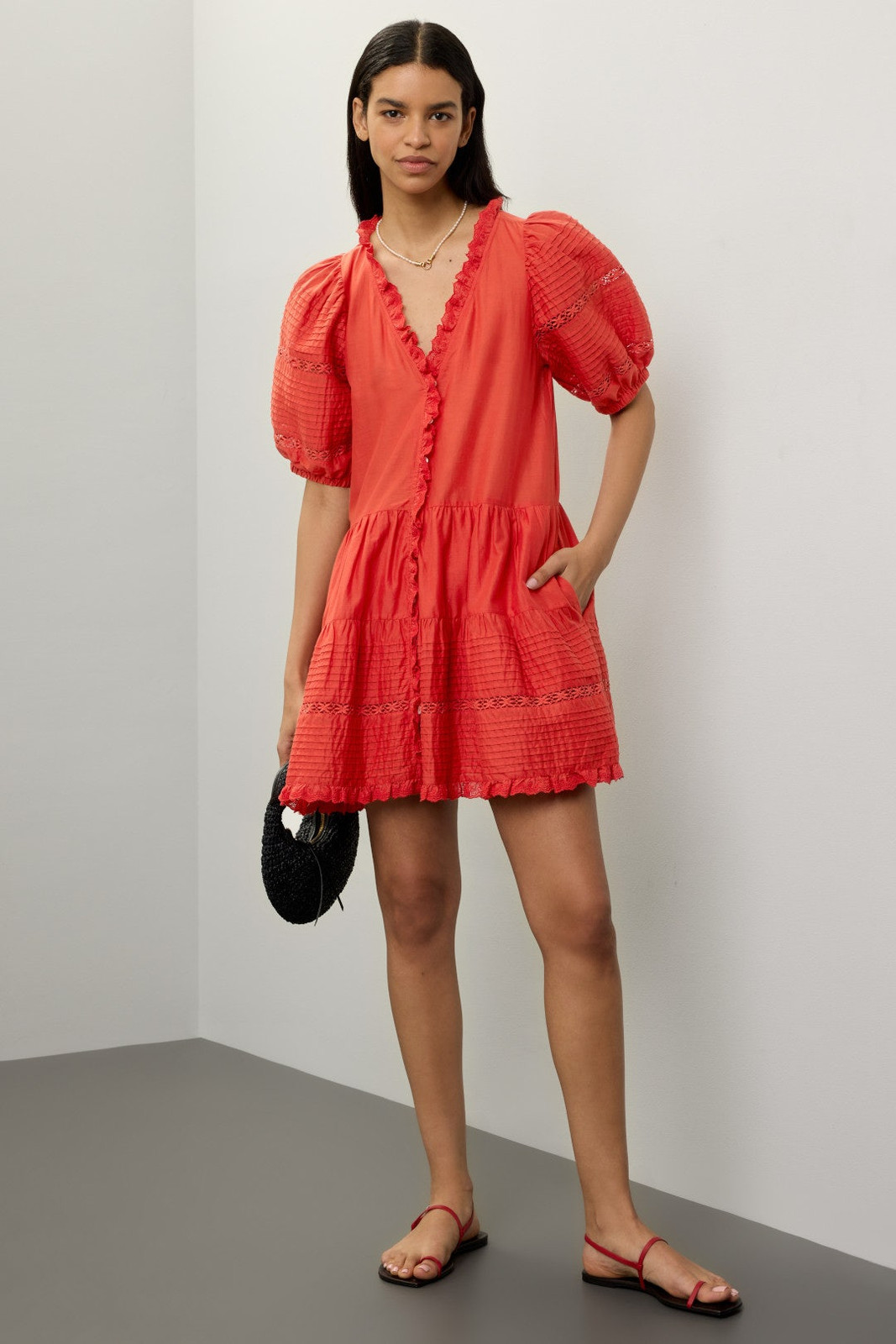 Orange-Red Eyelet Puff Sleeve Tiered Dress for Casual Occasions Orange-Red Eyelet Puff Sleeve Tiered Dress for Casual Occasions — Puff Sleeve Dresses