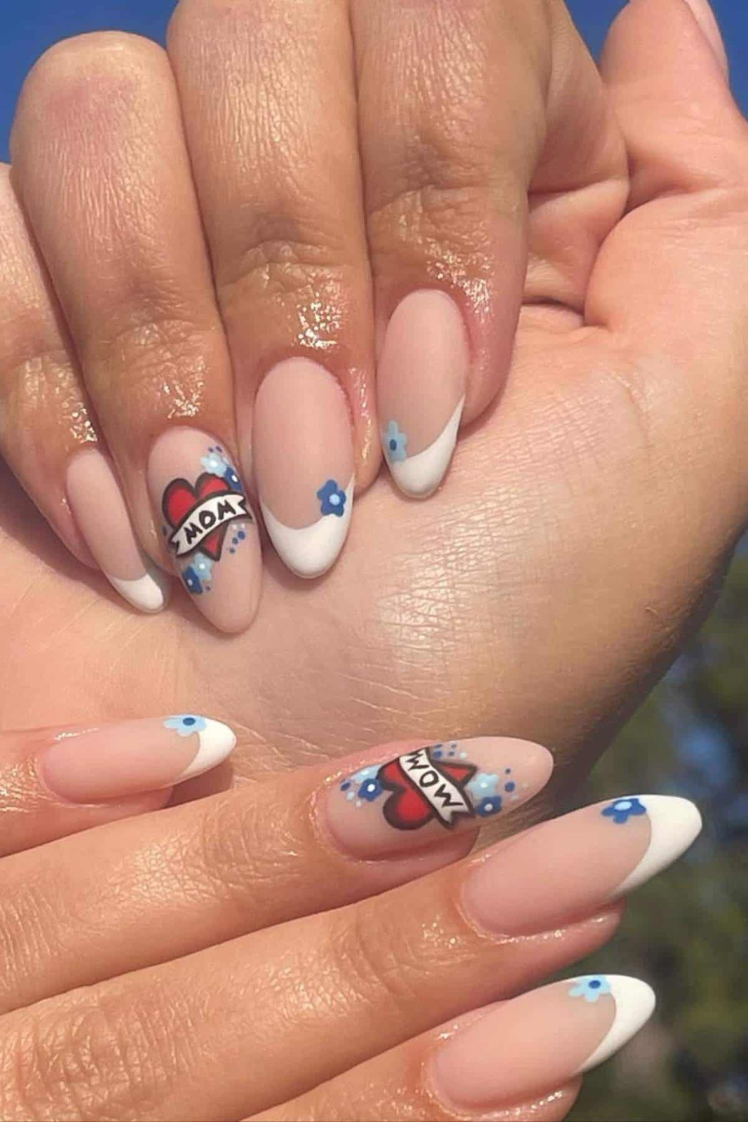 Nude French with Red Heart 'MOM' Accent Nude French with Red Heart 'MOM' Accent — Cheer Mom Nails
