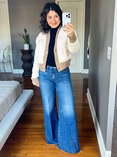 Contrast Trim Cardigan with Black Turtleneck and Jeans — Anthropologie Outfits