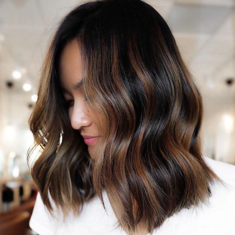 Dark Brown Bob With Caramel Highlights Dark Brown Bob With Caramel Highlights — Hair Color for Olive Skin