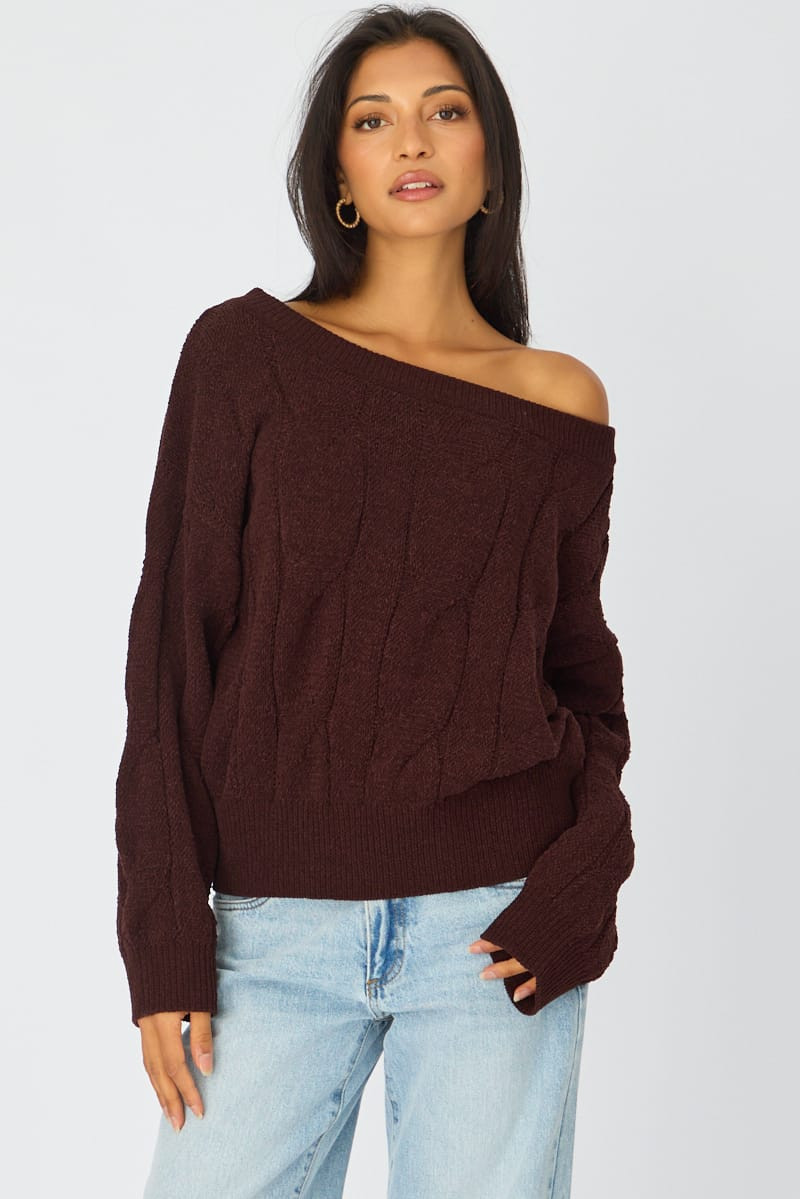 Brown Cable Knit Off-the-Shoulder Sweater with Light Blue Jeans — Off the Shoulder Tops