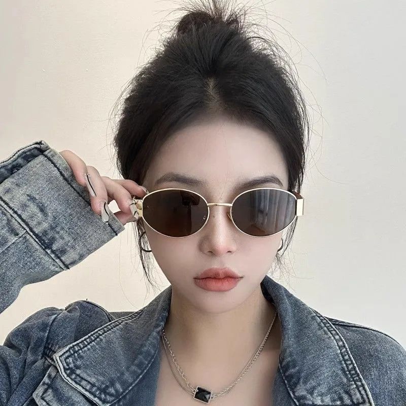 Denim Jacket and Layered Necklaces with Gold Oval Sunglasses — Oval Sunglasses Outfits