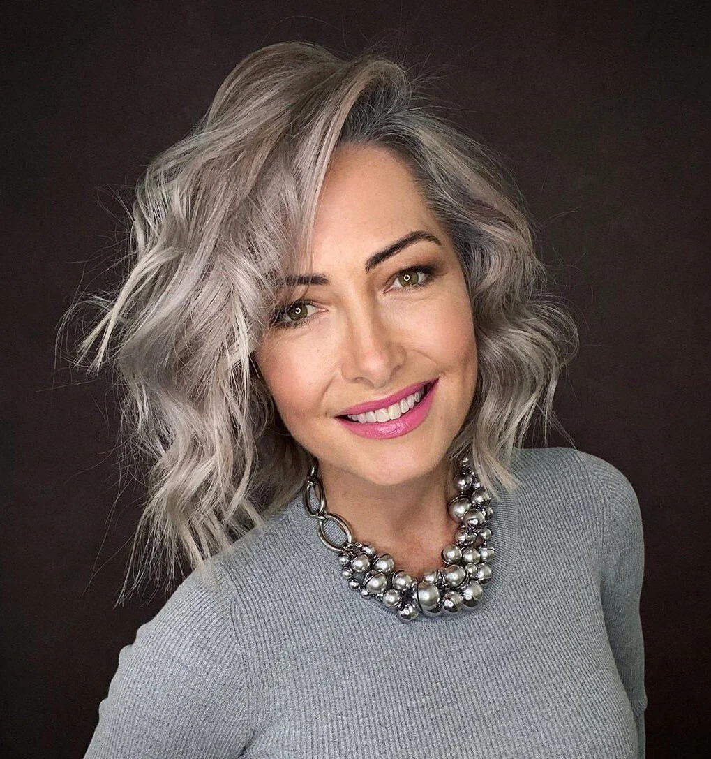 Sophisticated Ash Gray Lob With Dimension Sophisticated Ash Gray Lob With Dimension — Hair Color to Hide Gray