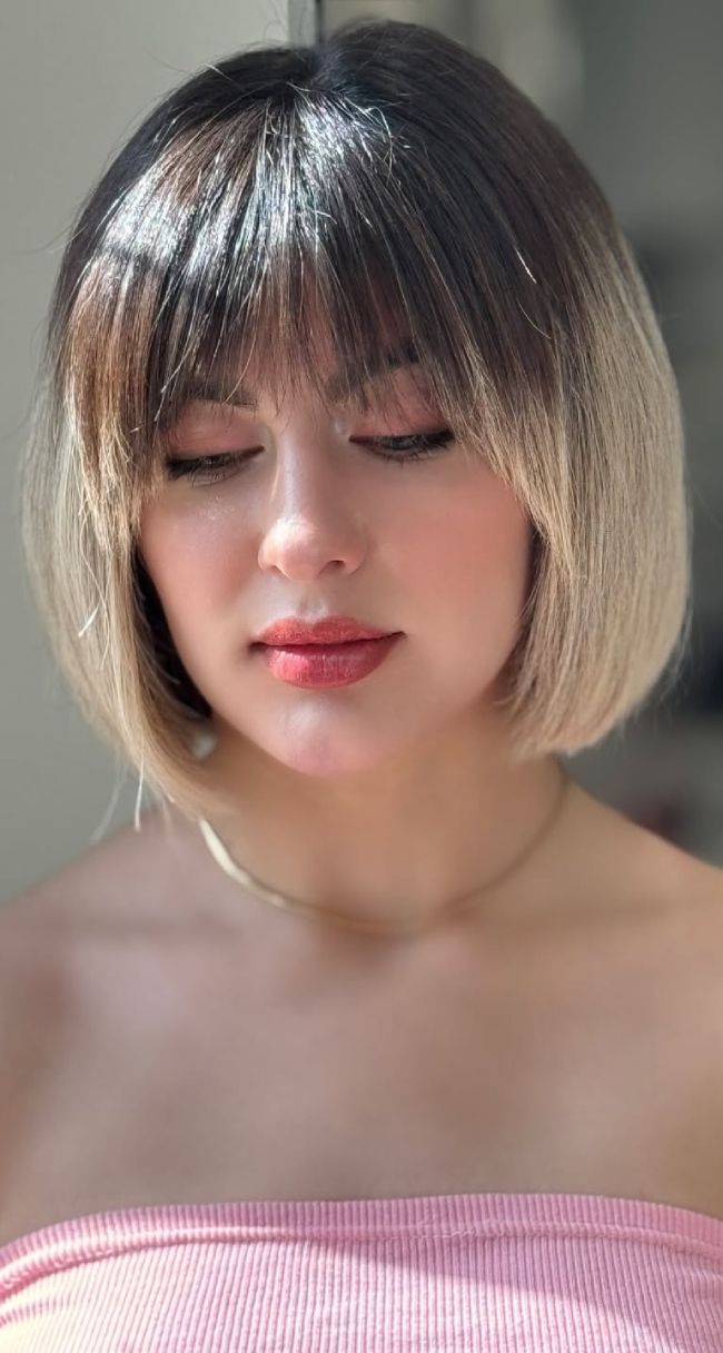 Blonde Ombre Bob With Full Fringe Blonde Ombre Bob With Full Fringe — Chin Length Bob
