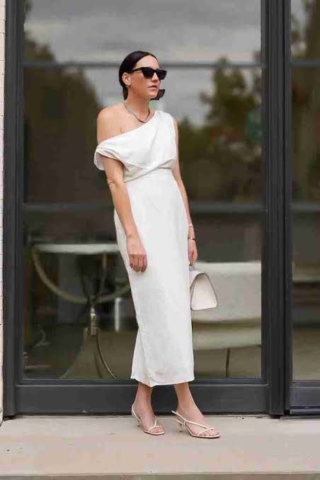 White One-Shoulder Midi Dress with White Heels and Handbag — Midi Dress Outfits