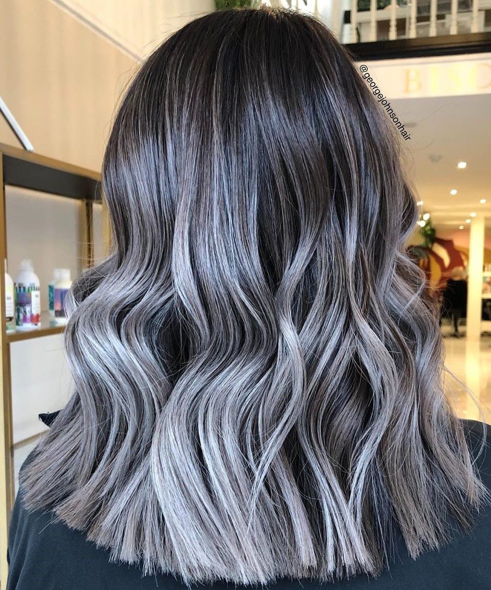 Collarbone Waves With Silver Weaves Collarbone Waves With Silver Weaves — Silver Highlights on Black Hair