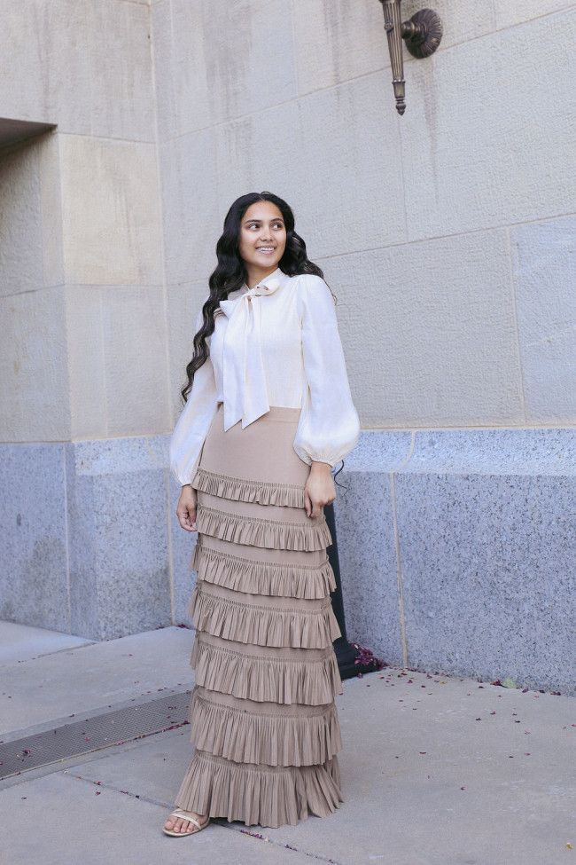 Bohemian Grace: Pussy-Bow Blouse and Tiered Maxi Skirt Bohemian Grace: Pussy-Bow Blouse and Tiered Maxi Skirt — Meet the Teacher Outfits