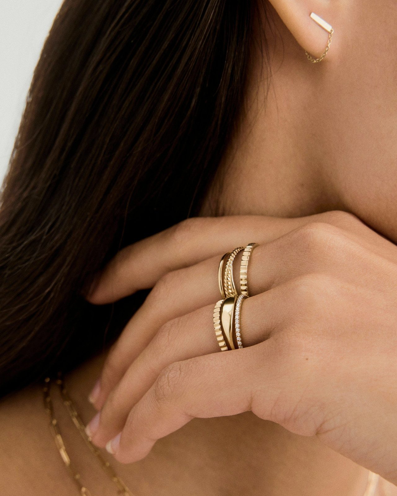 Stacked Rings with Ribbed, Plain, and Diamond Bands Stacked Rings with Ribbed, Plain, and Diamond Bands — Gold Ring Stack
