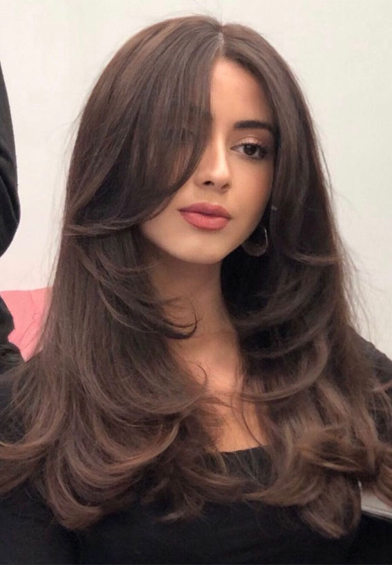Dark Brown Voluminous Blowout with Curtain Bangs Dark Brown Voluminous Blowout with Curtain Bangs — Hairstyles for Long Hair