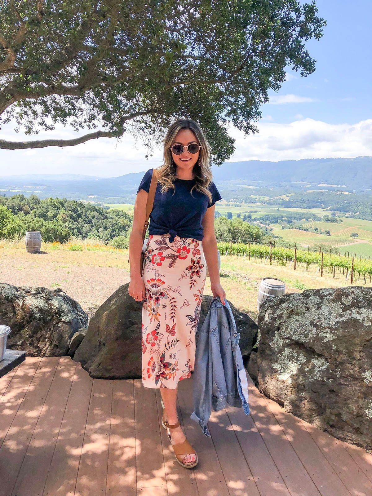 Casual Navy Tee and Floral Midi Skirt for a Relaxed Wine Day Casual Navy Tee and Floral Midi Skirt for a Relaxed Wine Day — Wine Tasting Outfits