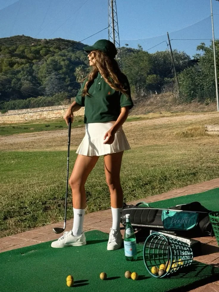 Dark Green Polo and White Pleated Mini Skirt — Golf Tournament Outfits