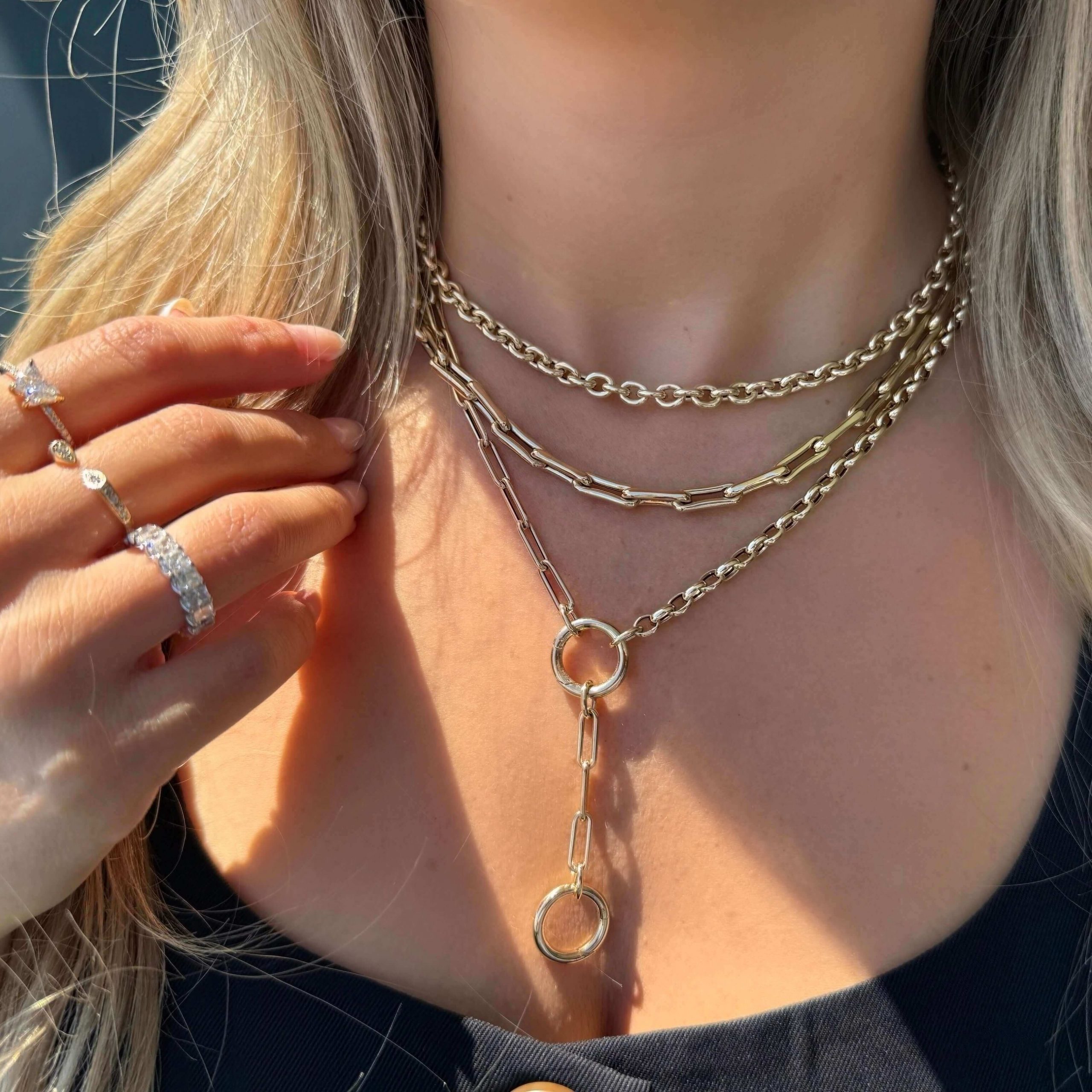 Layered Gold Necklaces with Gold Rings Layered Gold Necklaces with Gold Rings — Chunky Jewelry