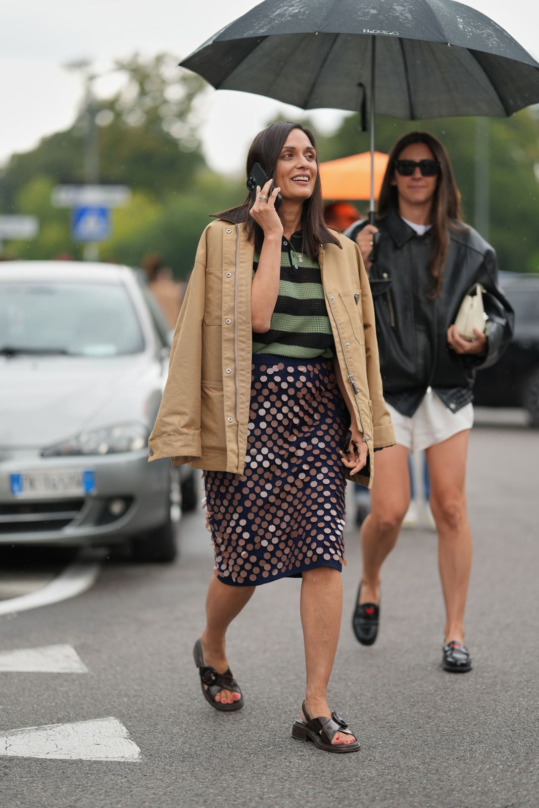 Utility Chic: Tan Jacket Over Striped Polo and Polka Dot Skirt — Grandma Outfits