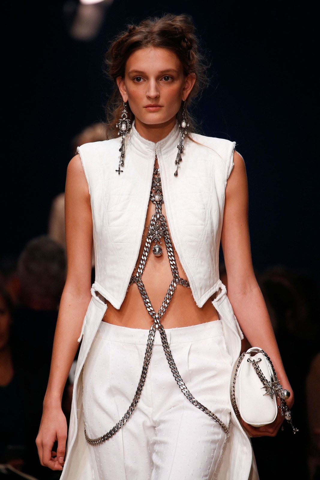 Intricate Silver Body Chain with White Vest and Trousers Intricate Silver Body Chain with White Vest and Trousers — Body Chain Outfits