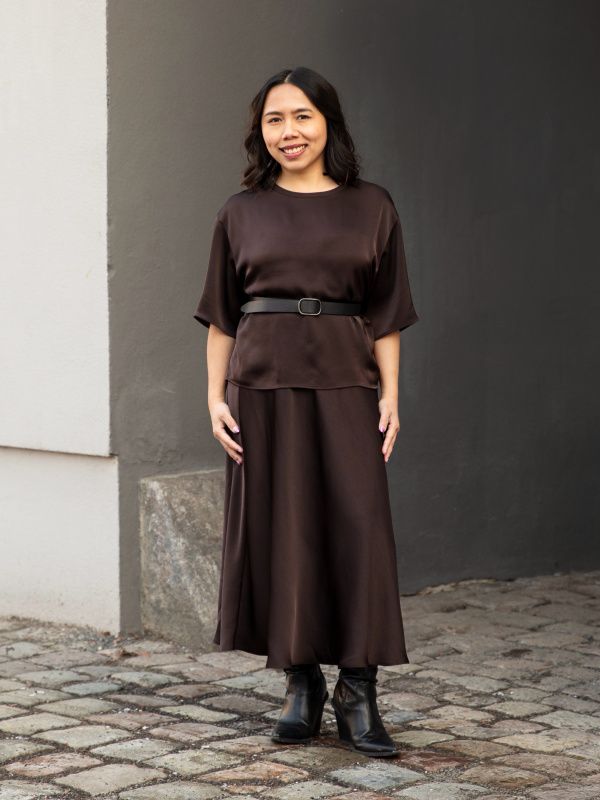 Brown Satin Top and Midi Skirt Set with Black Belt — Satin Top Outfits