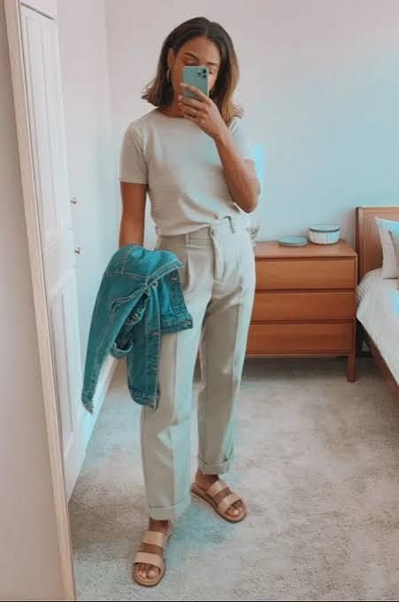 Relaxed Weekend Vibes: Striped Tee with Cuffed Trousers Relaxed Weekend Vibes: Striped Tee with Cuffed Trousers — Substitute Teacher Outfits