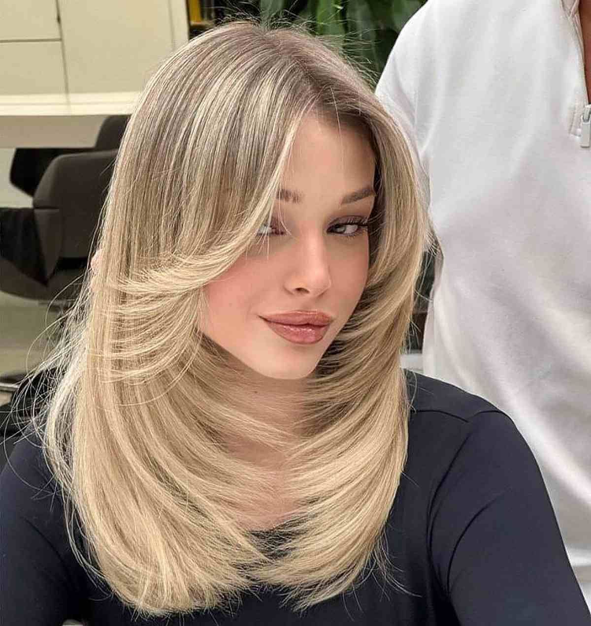 Ash Blonde Long Layers With Blowout — Haircuts for Heart Shaped Faces
