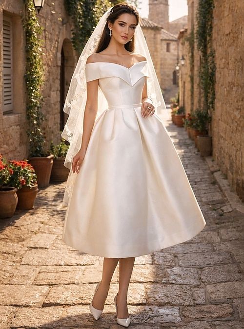 Ivory Satin A-Line Dress with Off-the-Shoulder Neckline and Veil Ivory Satin A-Line Dress with Off-the-Shoulder Neckline and Veil — Bridal Shower Dresses
